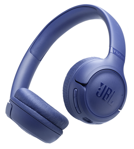 Granatowe słuchawki JBL z wyściełanymi nausznikami i regulowanym pałąkiem.