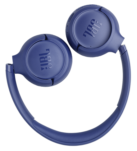 Niebieskie słuchawki JBL z zakrzywionym pałąkiem.