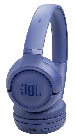 Niebieskie słuchawki JBL z wyściełanymi nausznikami i regulowanym pałąkiem.