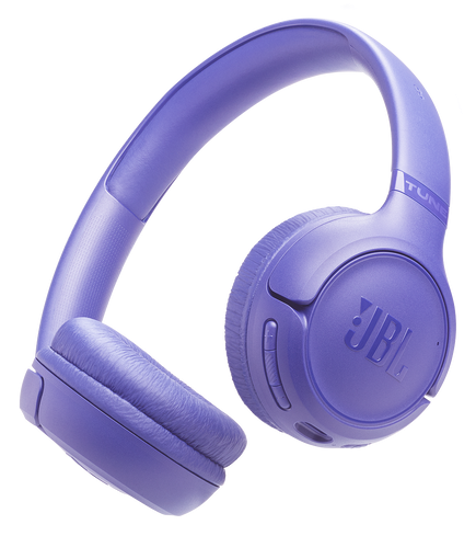 Fioletowe słuchawki JBL z pałąkiem i nausznikami, na czarnym tle.