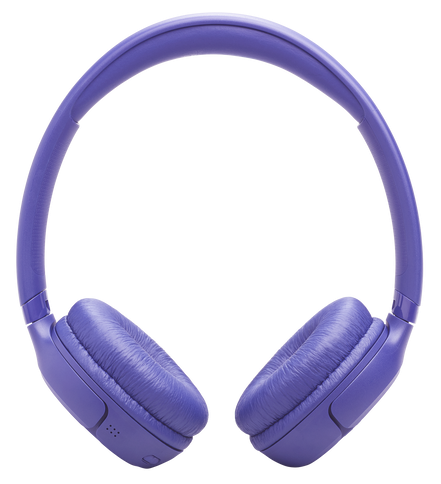 Fioletowe słuchawki z wyściełanymi nausznikami i wyściełanym pałąkiem.