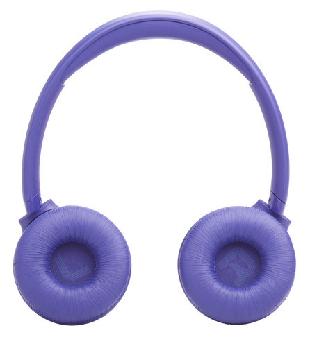 Fioletowe słuchawki z wyściełanymi nausznikami i pałąkiem.