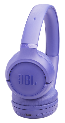 Fioletowe słuchawki JBL z wyściełanymi nausznikami i regulowanym pałąkiem.