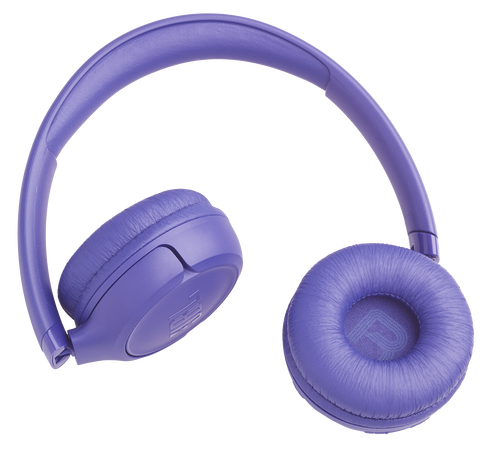 Fioletowe słuchawki z wyściełanymi nausznikami i regulowanym pałąkiem.