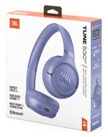 Fioletowe słuchawki JBL w opakowaniu ze szczegółami modelu.