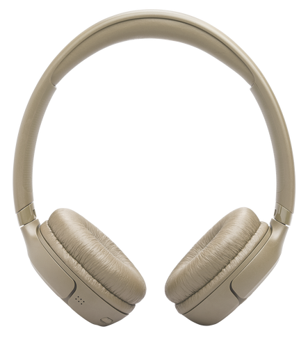 Beżowe słuchawki nauszne z wyściełanymi nausznikami i regulowanym pałąkiem.