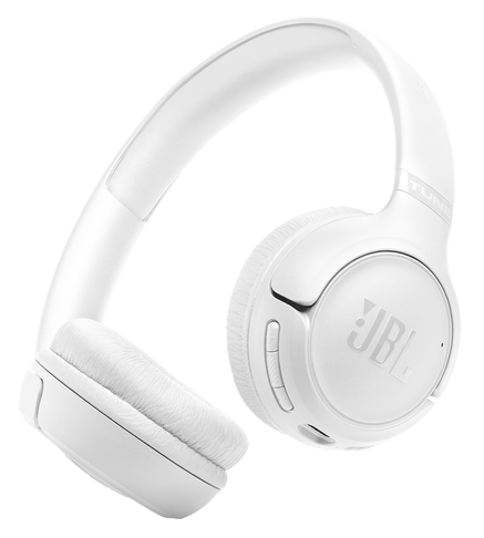 Białe słuchawki JBL z nausznikami i pałąkiem.