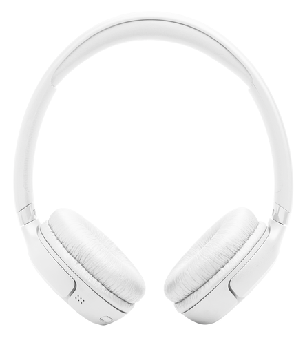 Białe, bezprzewodowe słuchawki nauszne z wyściełanymi nausznikami i regulowanym pałąkiem.