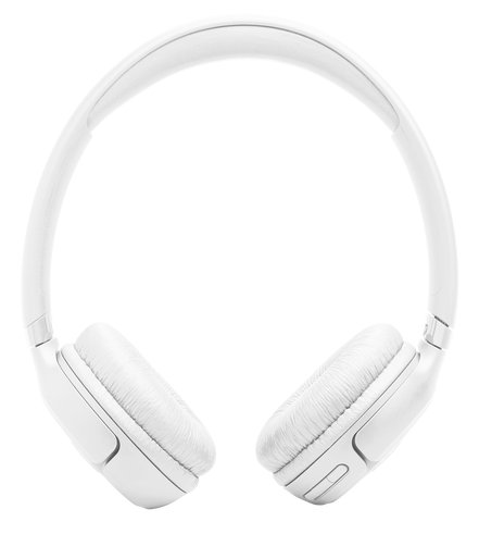 Białe słuchawki nauszne z wyściełanymi nausznikami i regulowanym pałąkiem.