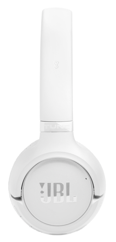 Białe słuchawki z logo JBL na nauszniku i detalami paska.