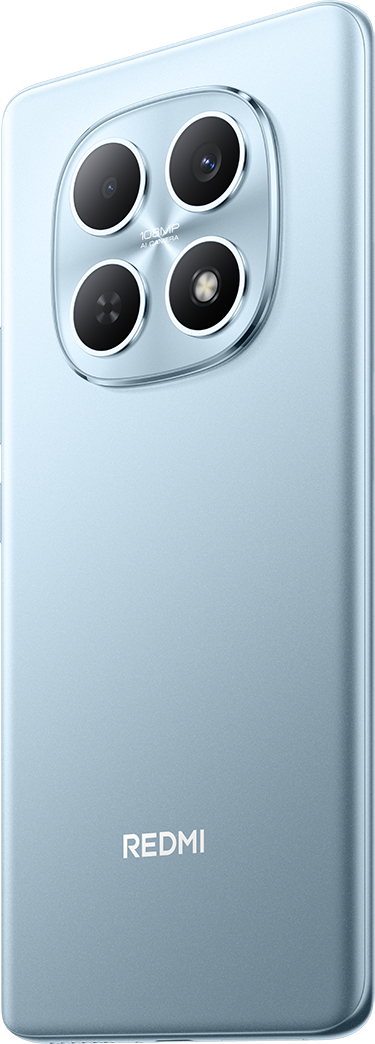 Kék okostelefon négy kamerával és Redmi logóval a hátoldalon.