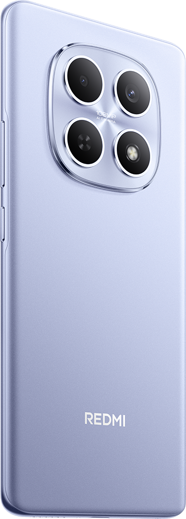 Világoslila okostelefon négy kamerával és Redmi logóval.