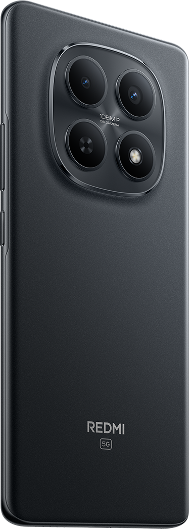 Sötétszürke okostelefon hátlap négyes kamerával és Redmi 5G logóval.