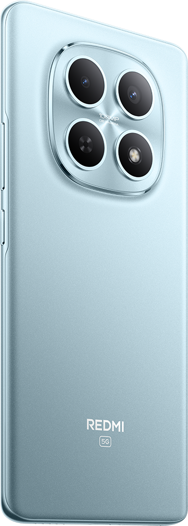 Világoskék okostelefon négy kamerával és REDMI 5G logóval.