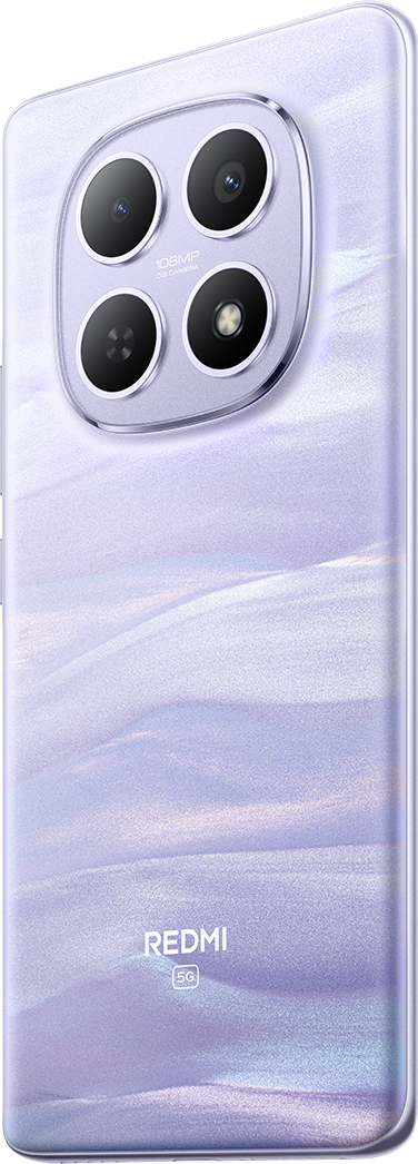 Egy lila telefon hátlapja négy kamerával és Redmi logóval.