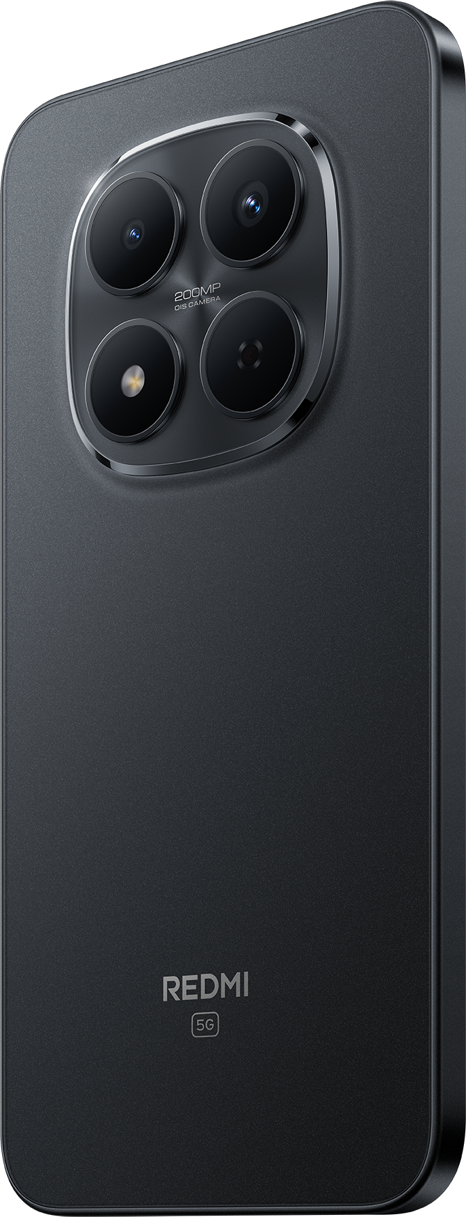 Sötét okostelefon hátlapja négy kamerával és Redmi logóval.