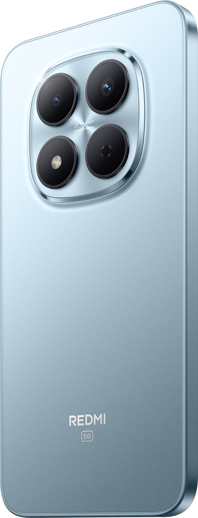Kék okostelefon négy kamerával és Redmi 5G logóval.