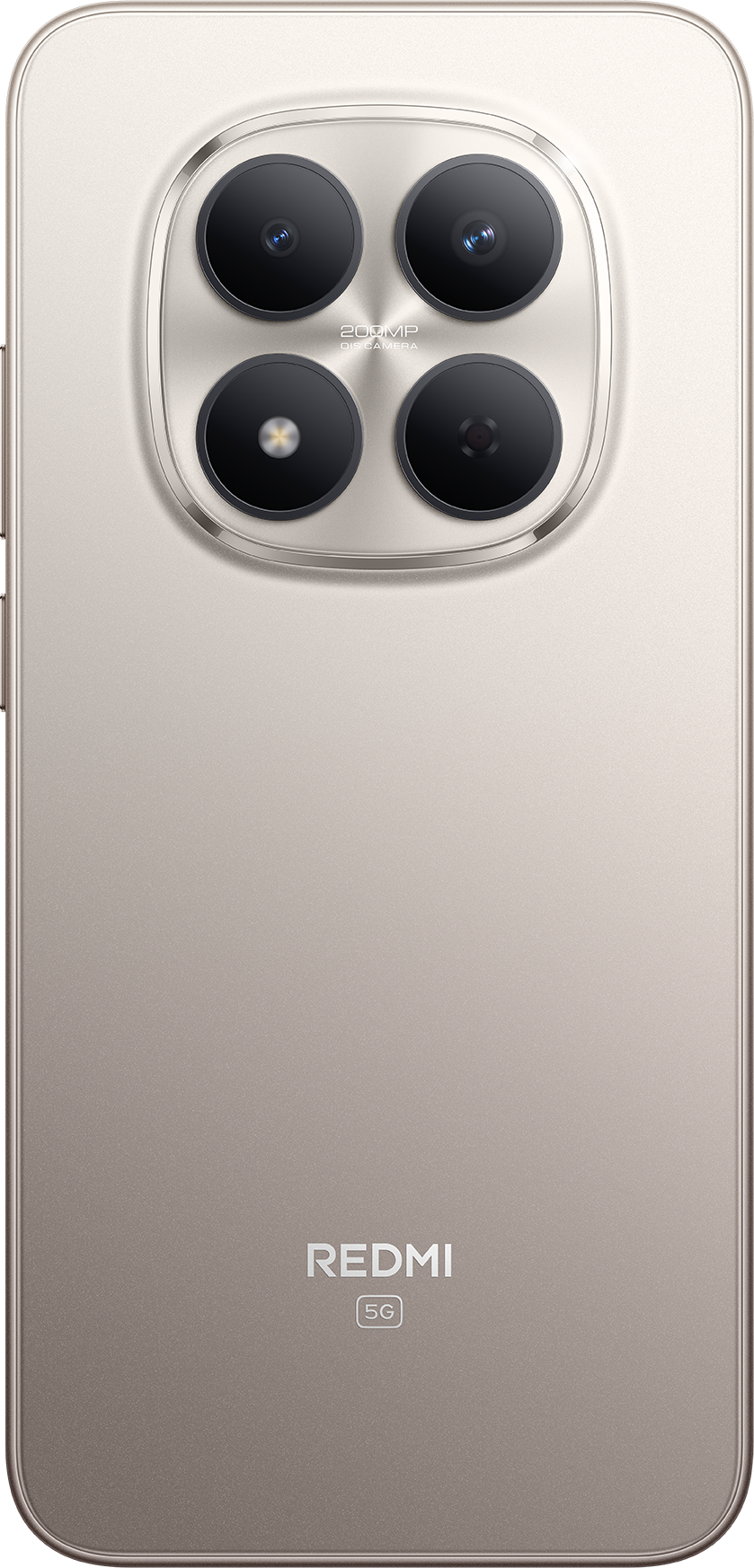 Arany okostelefon hátlapja négy kamerával és Redmi 5G logóval.