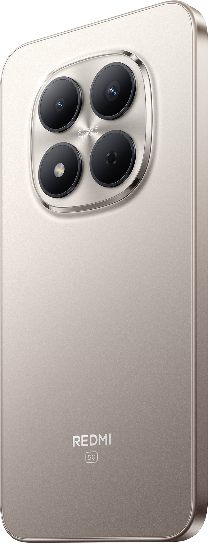 Világosbézs okostelefon hátlapja négy kamerával és Redmi 5G logóval.