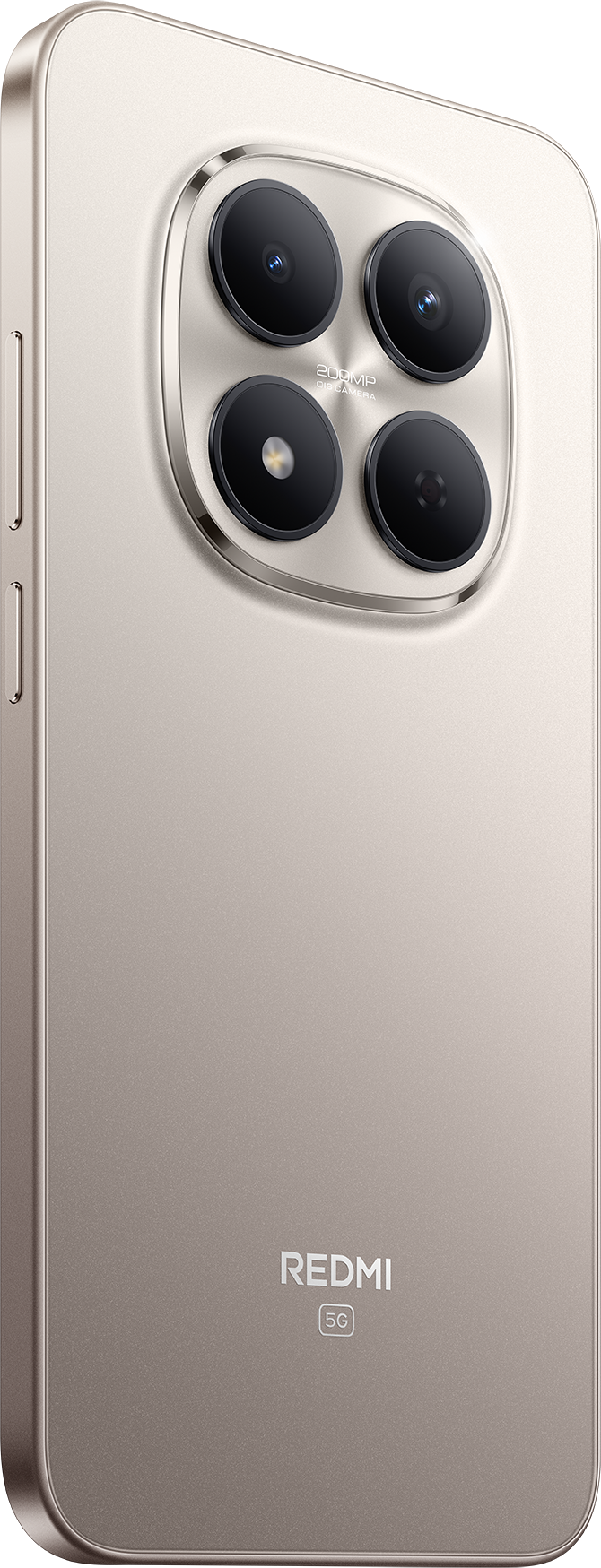 Ezüst okostelefon hátoldala négy kamerával és Redmi 5G logóval.