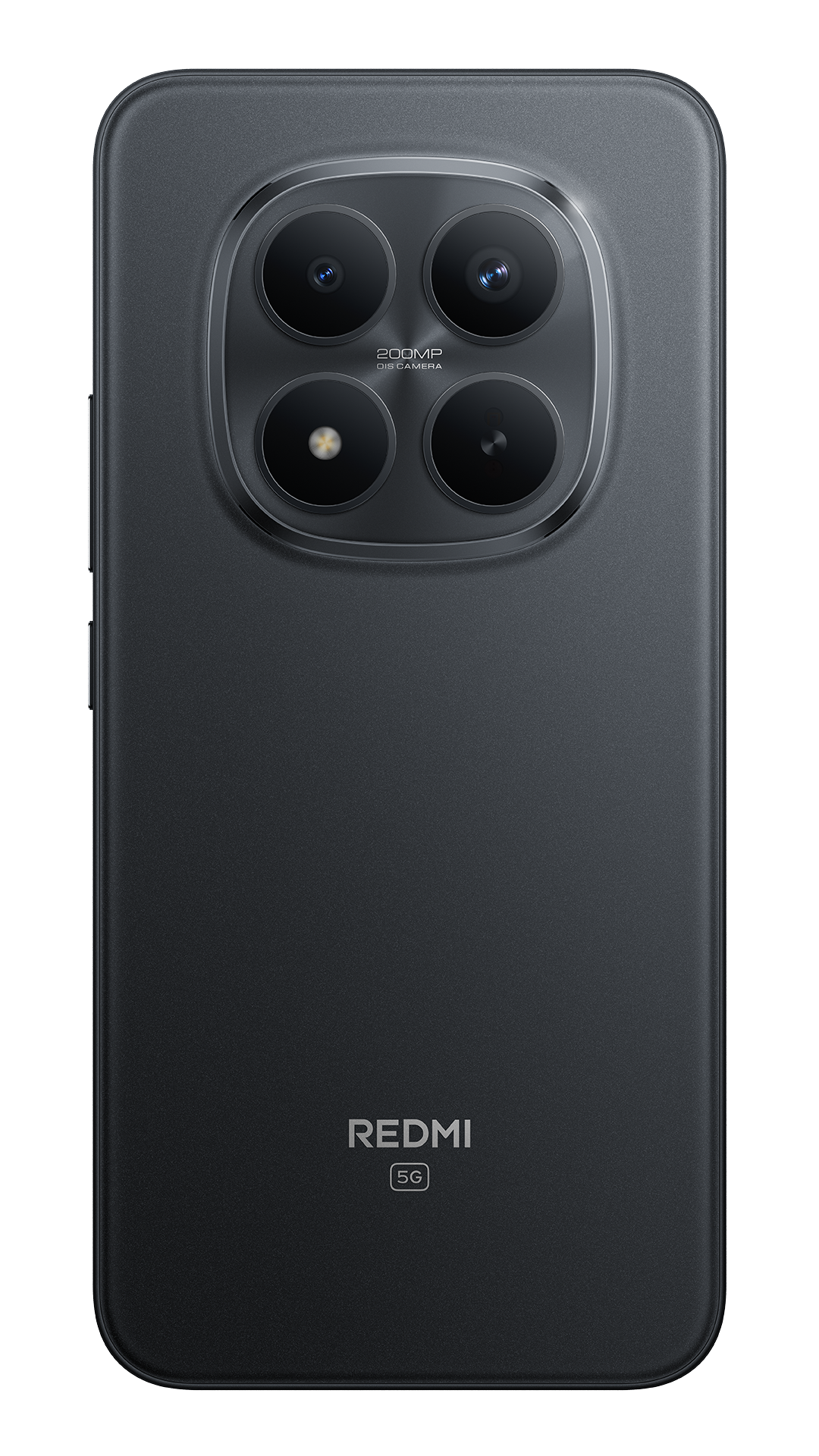 Egy fekete okostelefon hátoldala négy kamerával és Redmi 5G logóval.