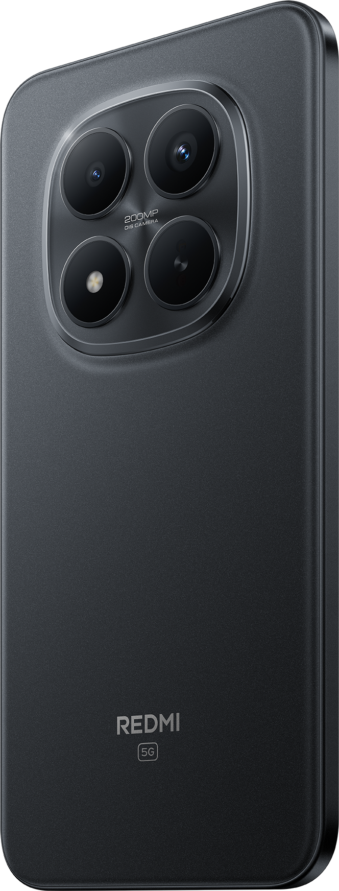 Egy fekete okostelefon hátulja négy kamerával és Redmi 5G logóval.