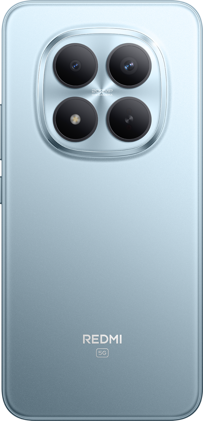 Világoskék okostelefon hátlapja négy kamerával és Redmi 5G logóval.