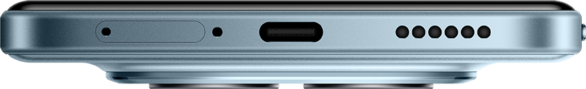 Kékesszürke okostelefon alsó része: SIM tálca, mikrofon, USB-C, hangszóró rács.