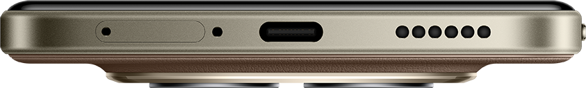 Okostelefon részletes képe USB-C porttal, SIM tálcával és hangszóró lyukakkal.
