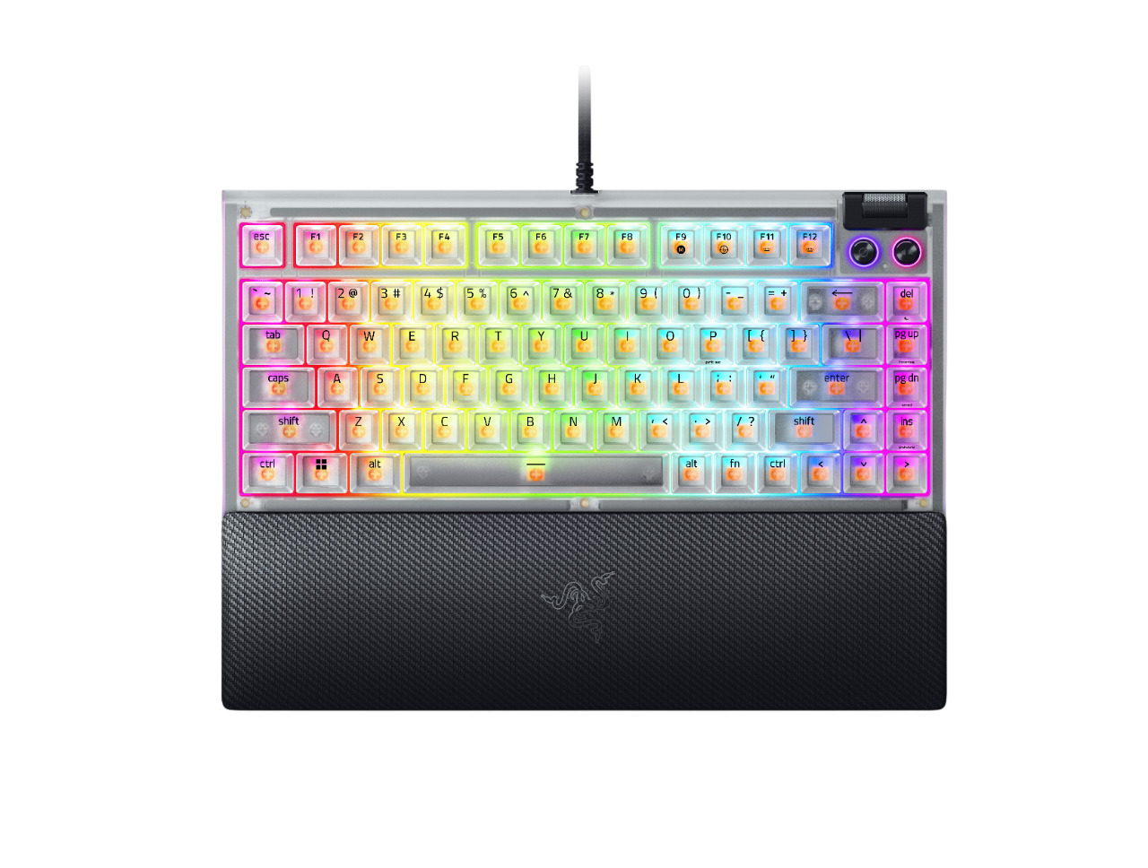 RGB aydınlatmalı ve bilek destekli beyaz bir klavye.