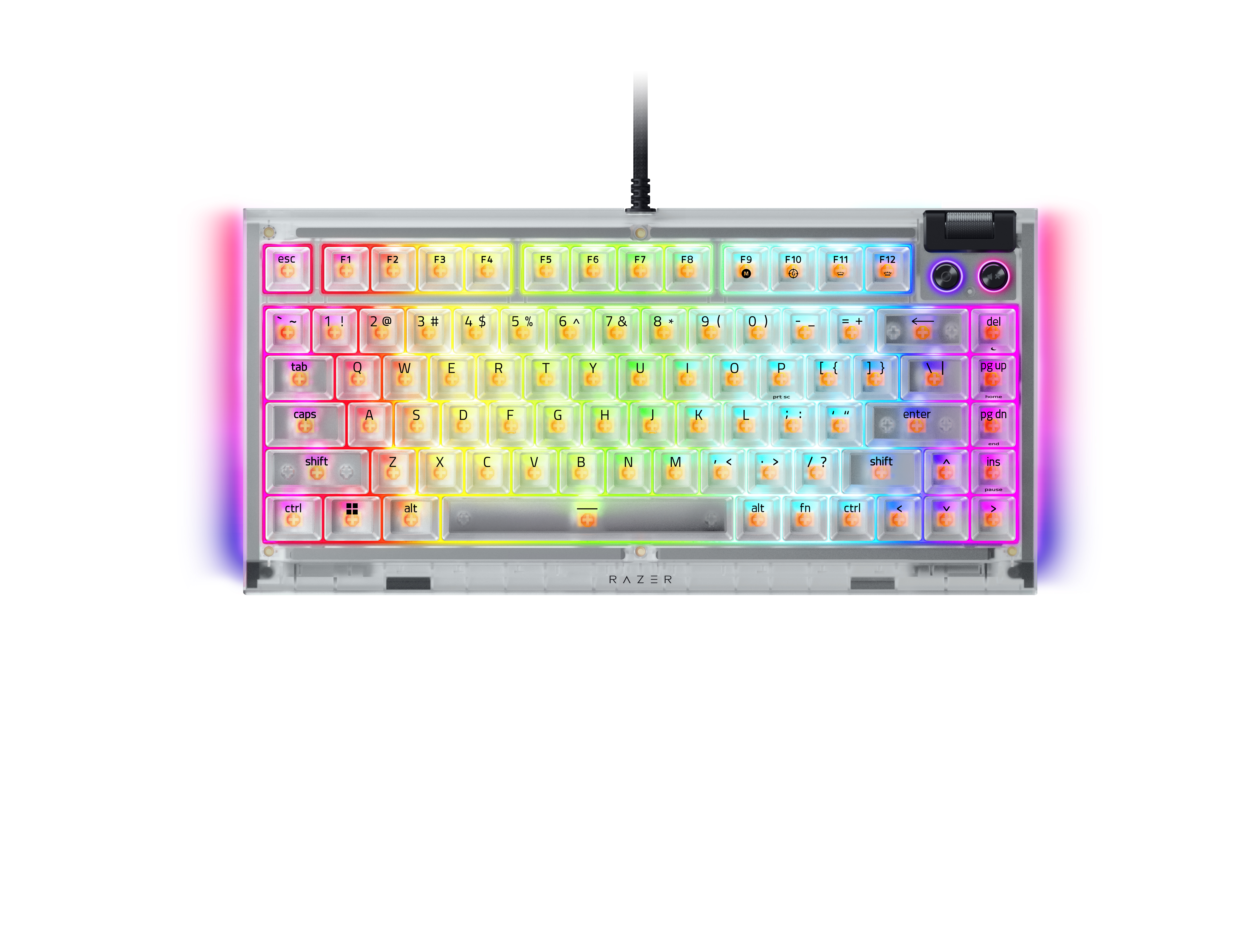 Soldan sağa doğru solan RGB aydınlatmalı beyaz klavye.