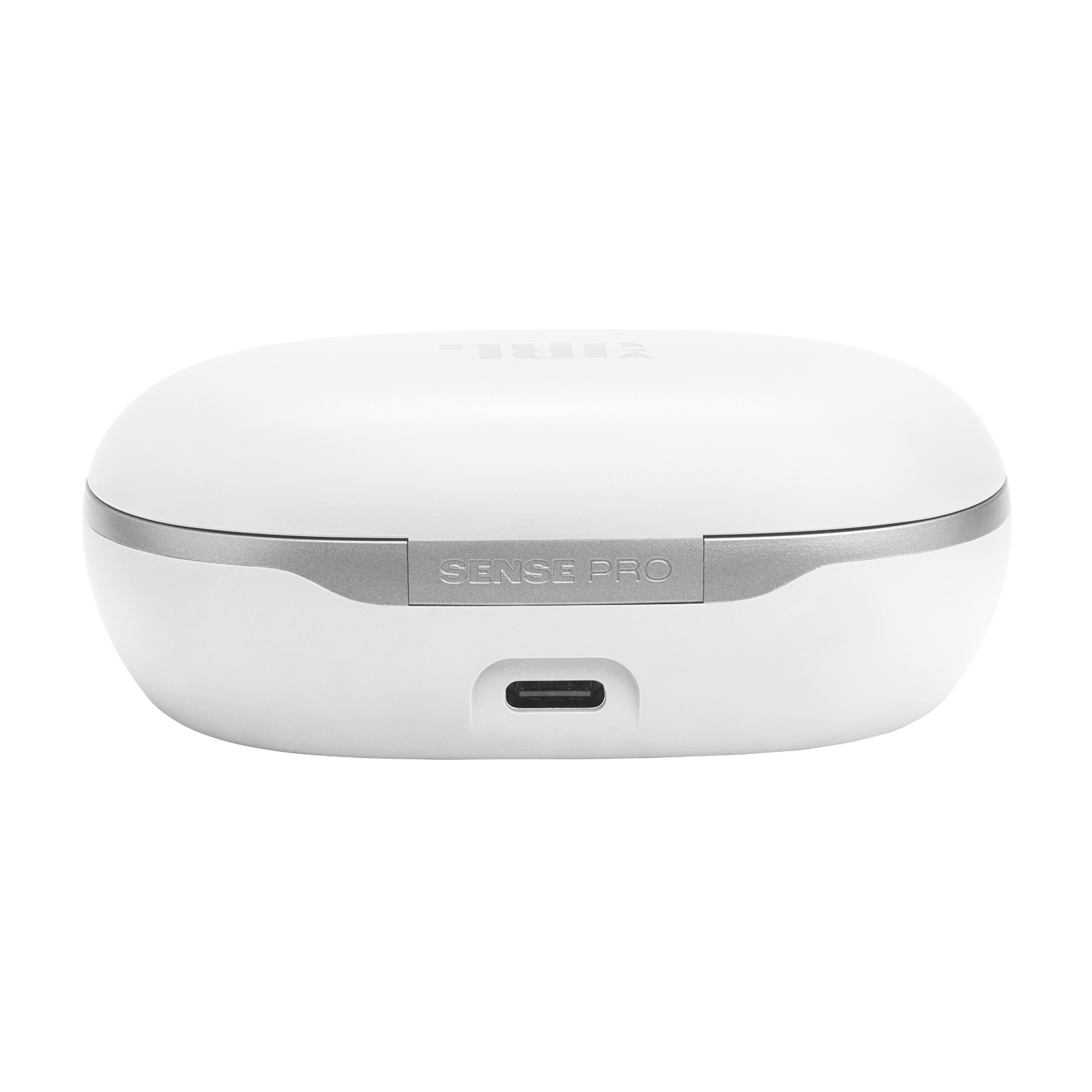 Gümüş bantlı ve USB-C portlu beyaz şarj kutusu.