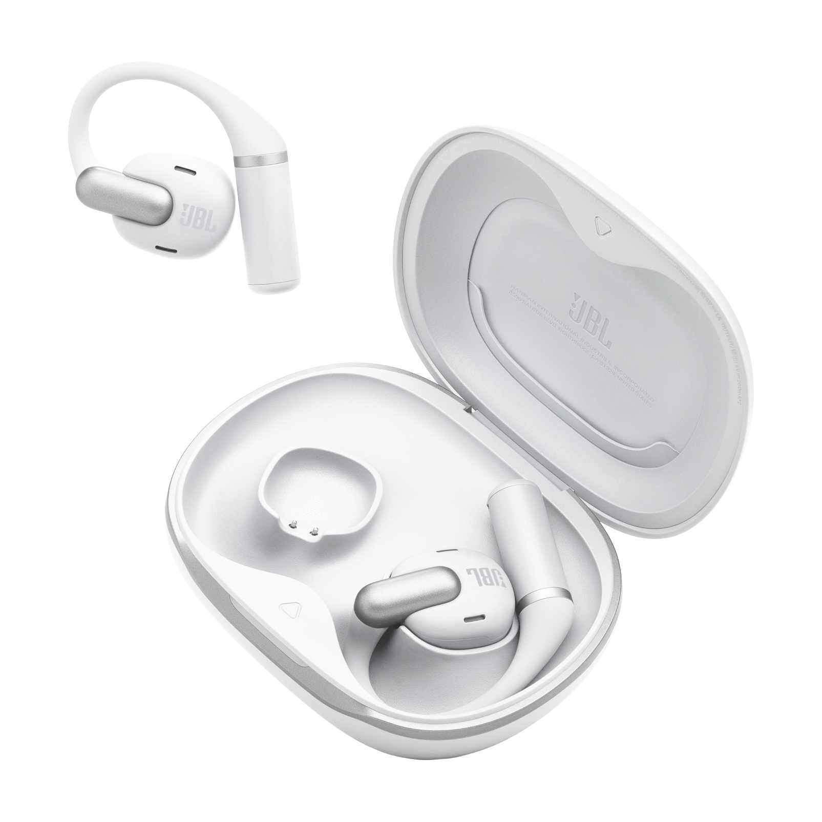 Gümüş aksesuarlı açık şarj kutusunda beyaz JBL kulaklıklar.