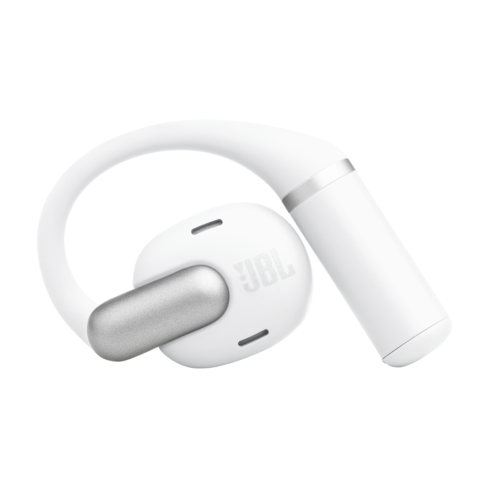 Beyaz arka plan üzerinde gümüş aksanlı beyaz JBL kulaklıklar.