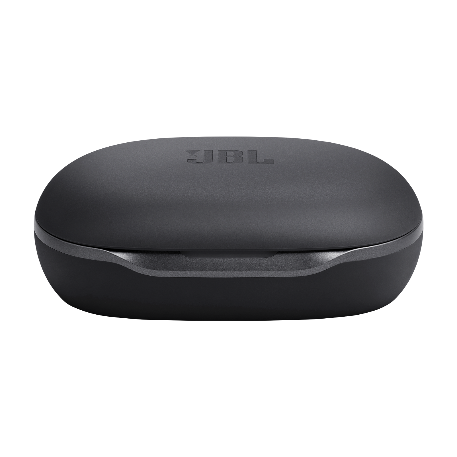 JBL logosu bulunan kapalı, oval siyah şarj kutusu.