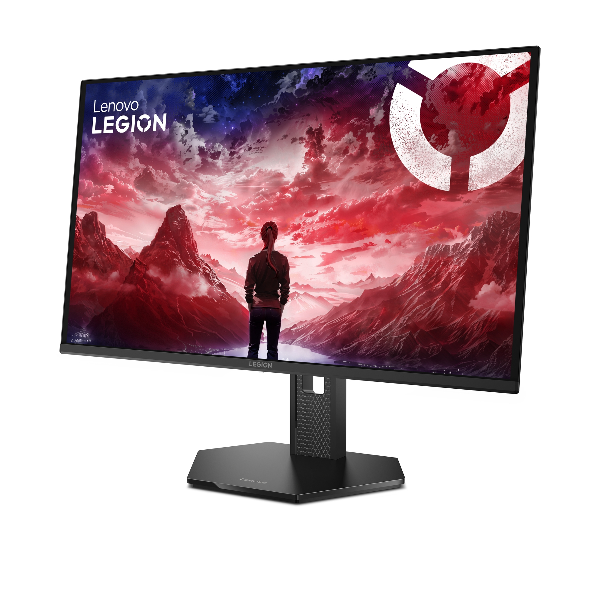 Lenovo Legion monitör, dramatik manzara grafiği, ön planda bir kişi.