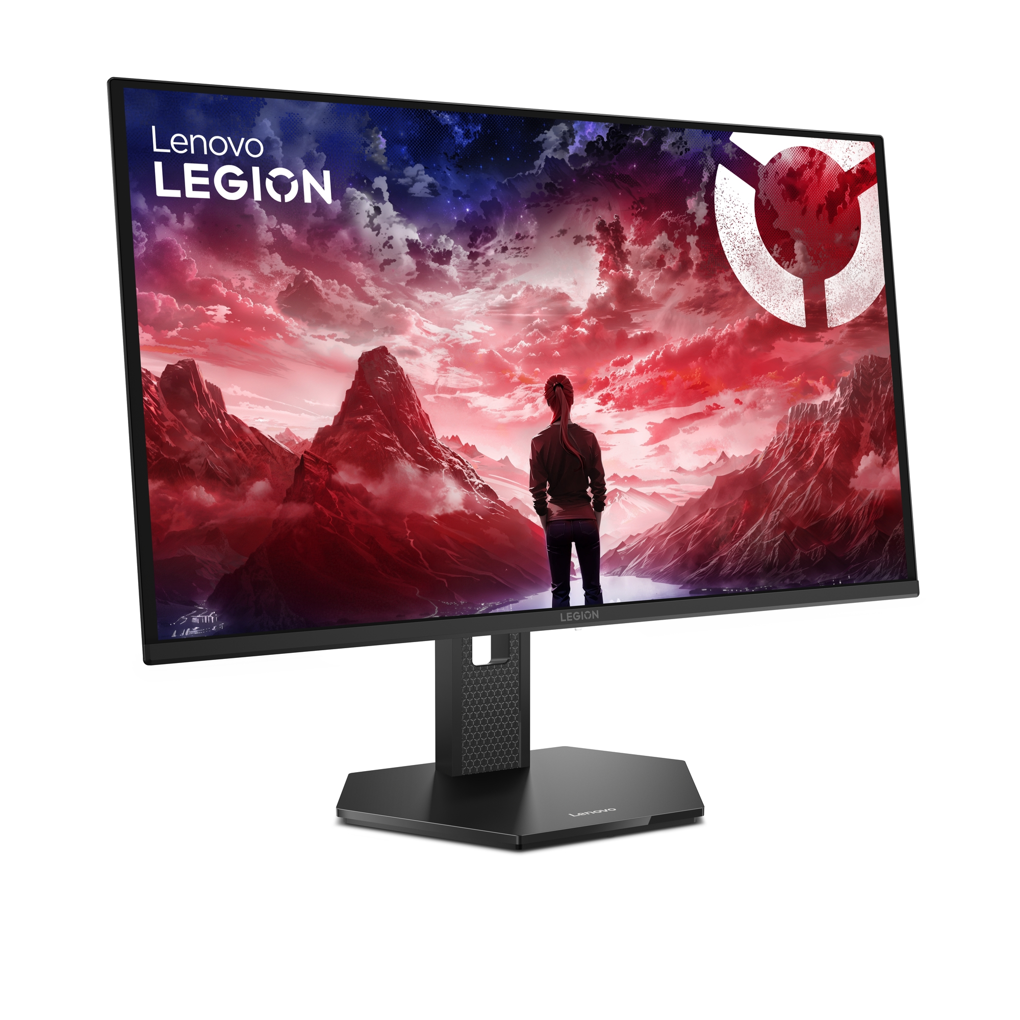 Lenovo Legion monitör, yıldızlı gökyüzüyle kırmızı, kayalık manzaraya bakan kişiyi gösteriyor.