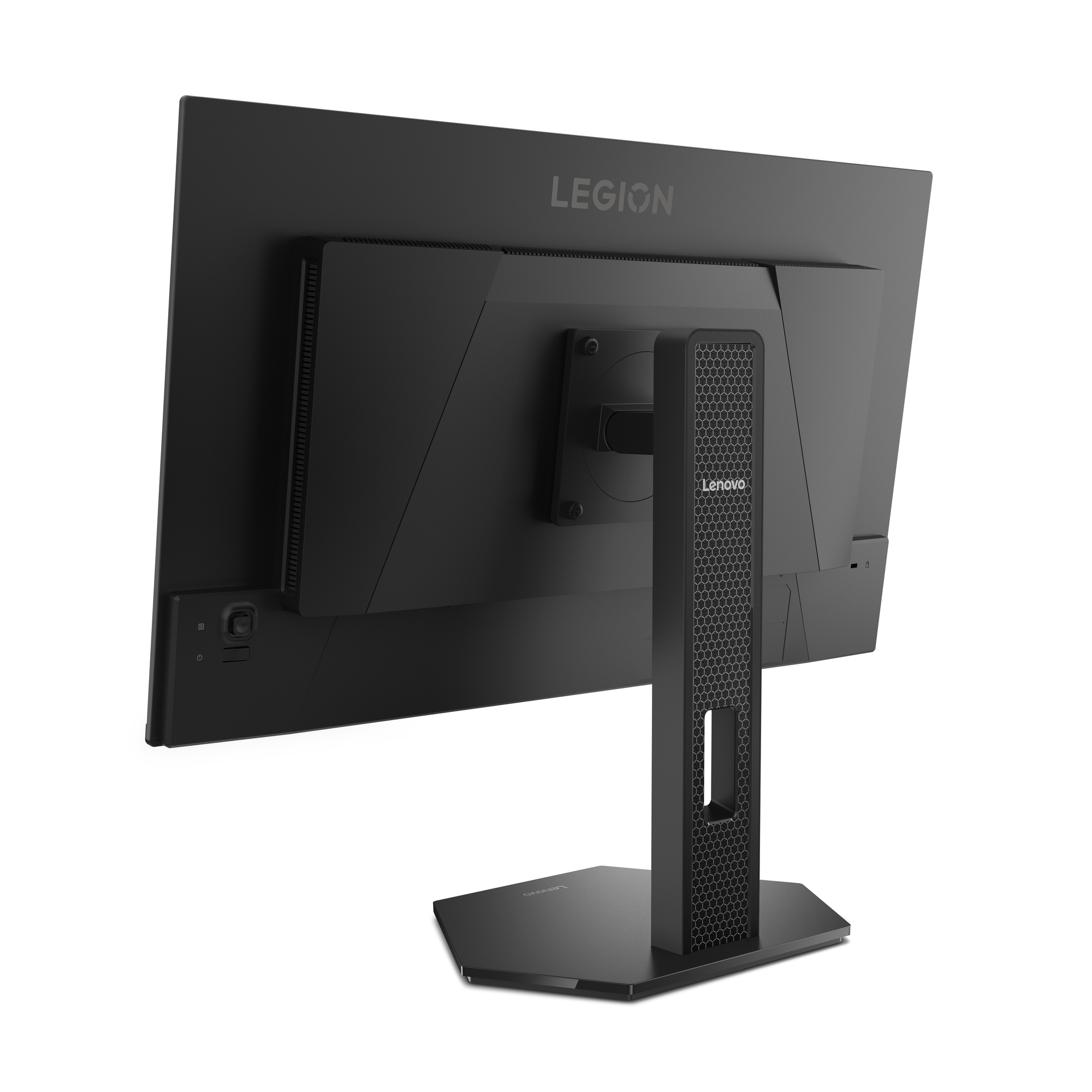 Siyah Lenovo Legion monitörünün arkadan görünümü, stant üzerinde.