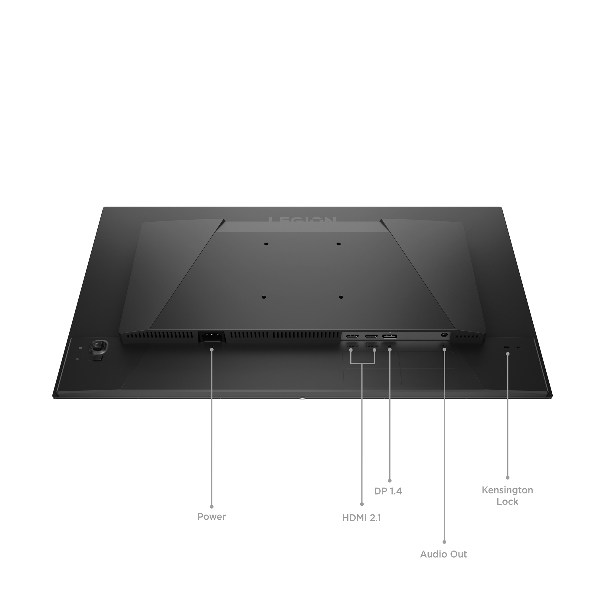 Siyah monitörün arkası: Güç, HDMI 2.1, DP 1.4, Ses Çıkışı, Kensington Kilidi bağlantı noktaları.