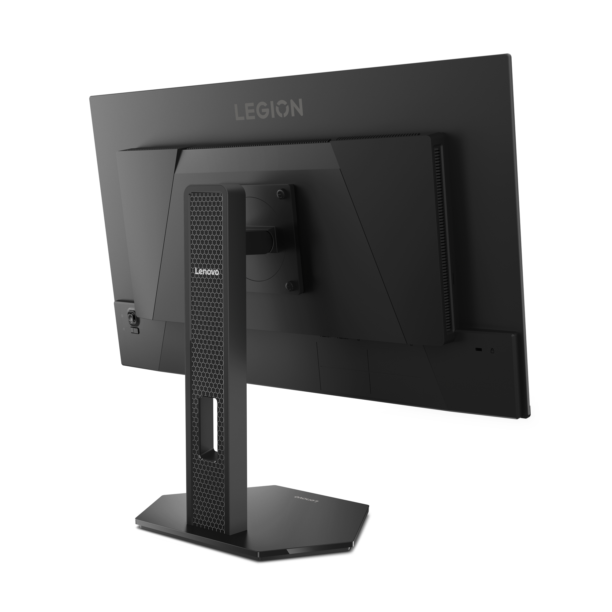 Siyah Lenovo Legion monitörünün arkadan görünüşü, standı üzerinde.