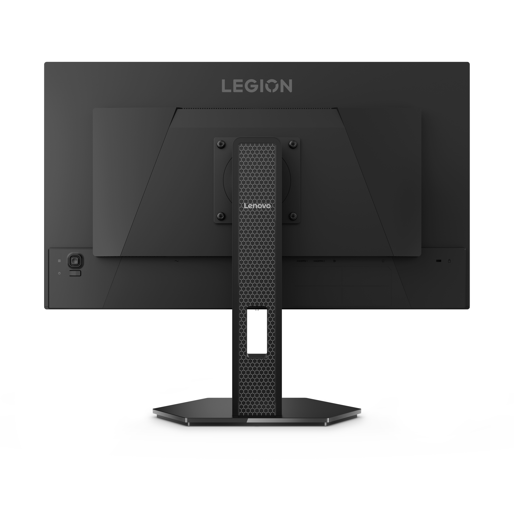 Bağlantı noktaları ve standı gösteren siyah Lenovo Legion monitörün arkası.