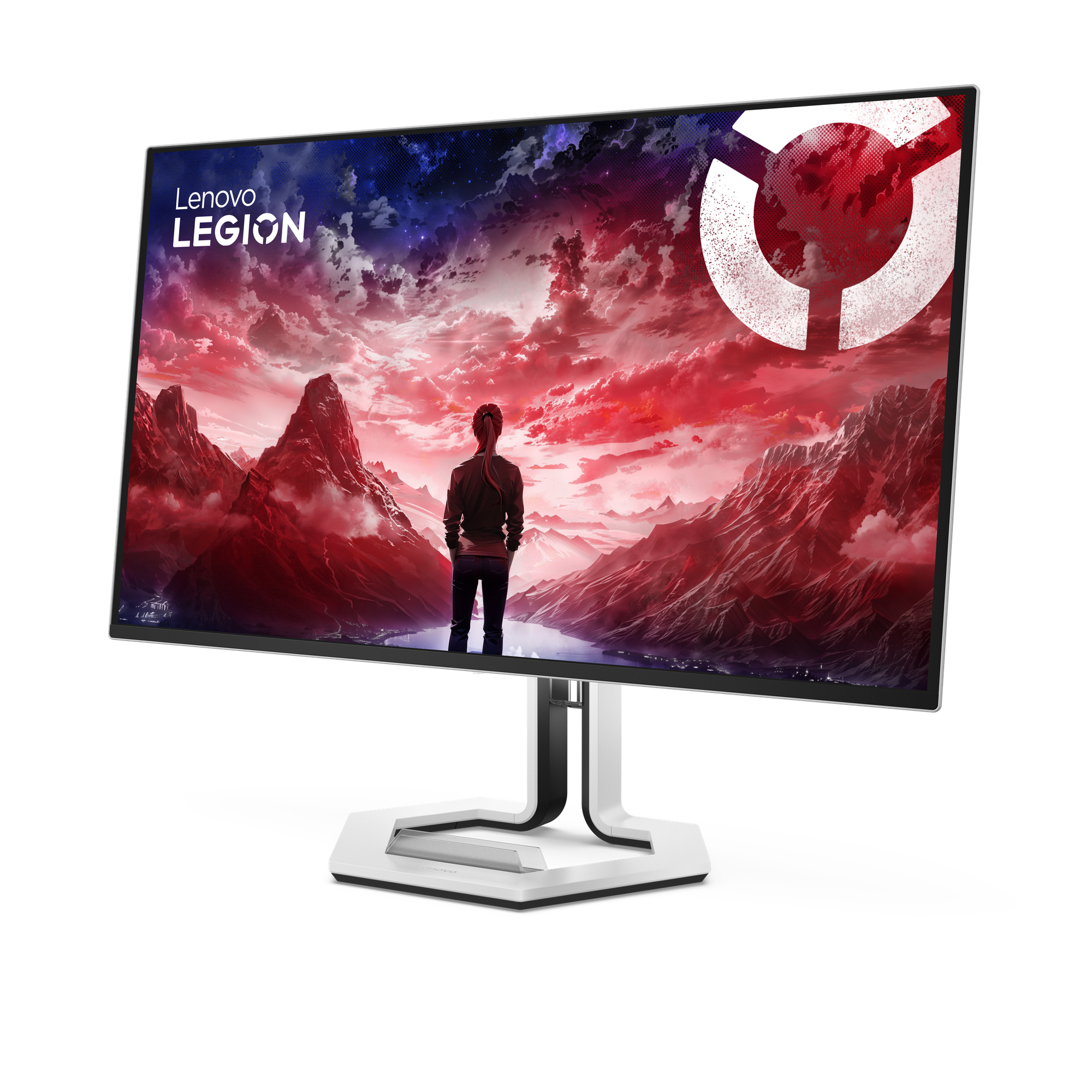 Lenovo Legion monitör, kişili epik bir manzara gösteriyor.