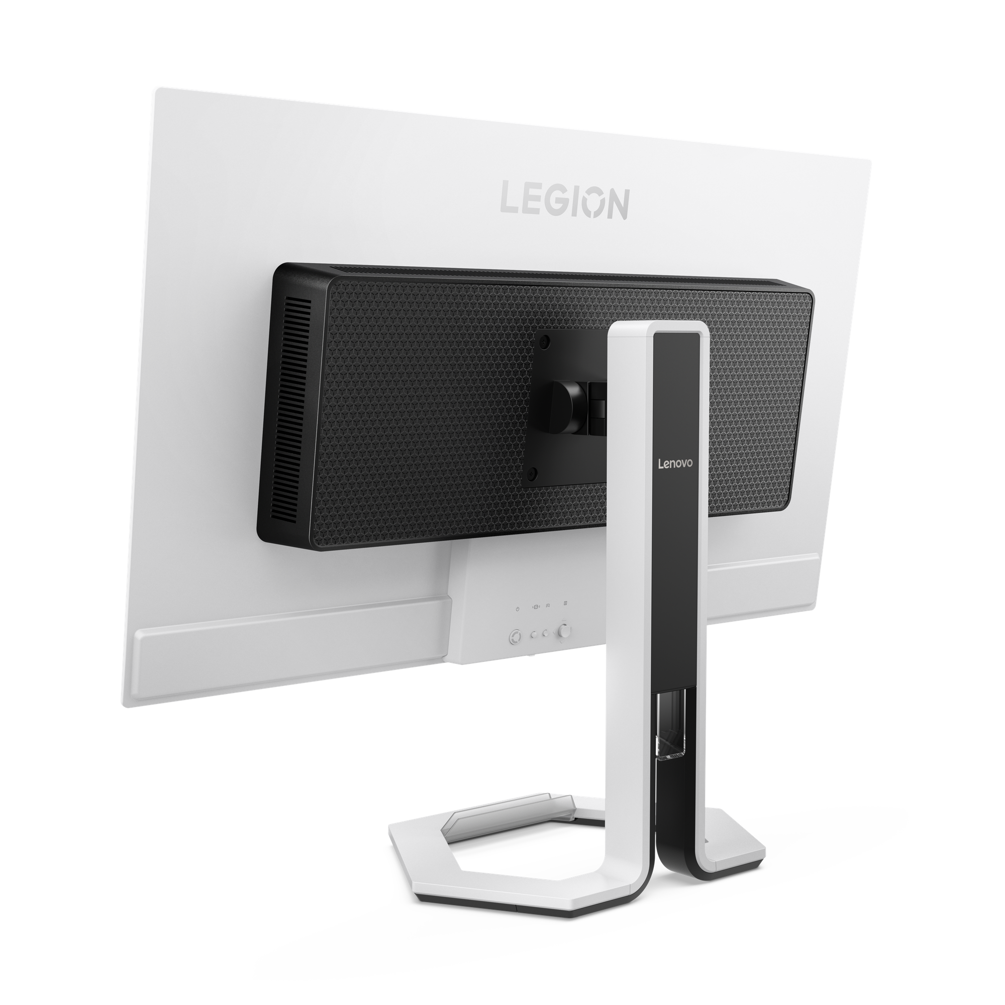 Siyah stantlı beyaz Lenovo Legion monitörünün arka görünümü.
