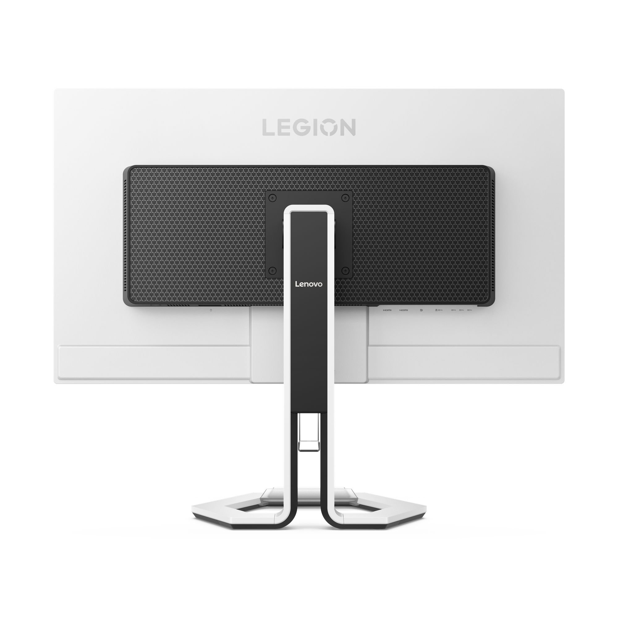 Siyah ızgaralı ve gümüş ayaklı beyaz Lenovo Legion monitörün arka görünümü.