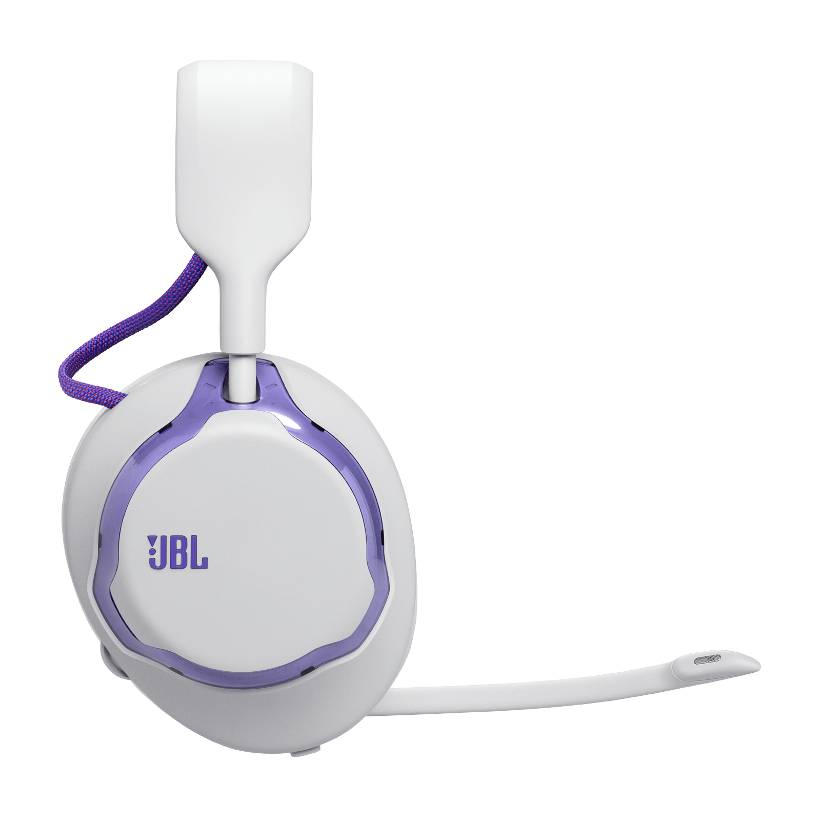 Mor detaylı, mikrofonlu beyaz JBL kulaklık.