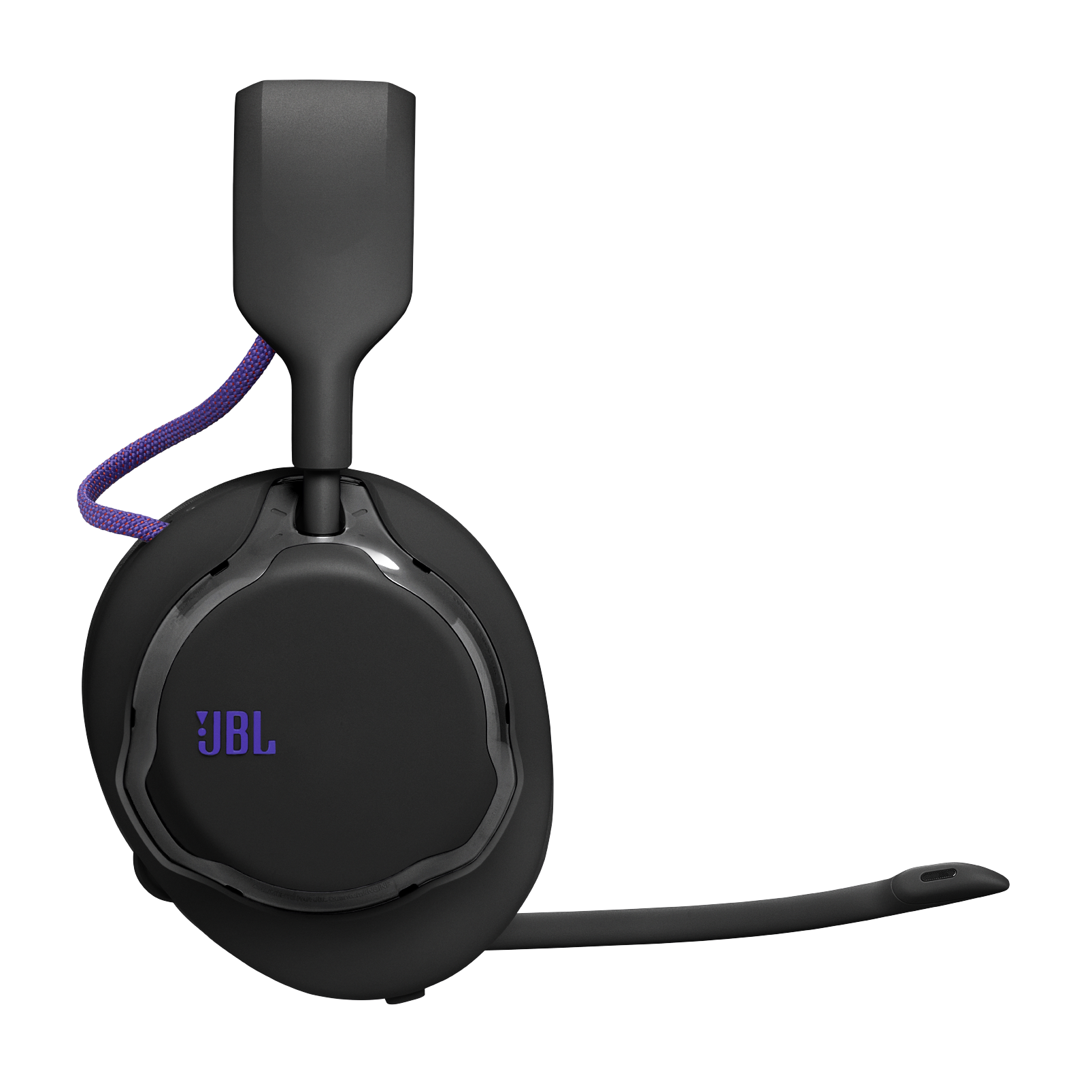Mor logo ve mikrofonlu siyah JBL kulaklık.