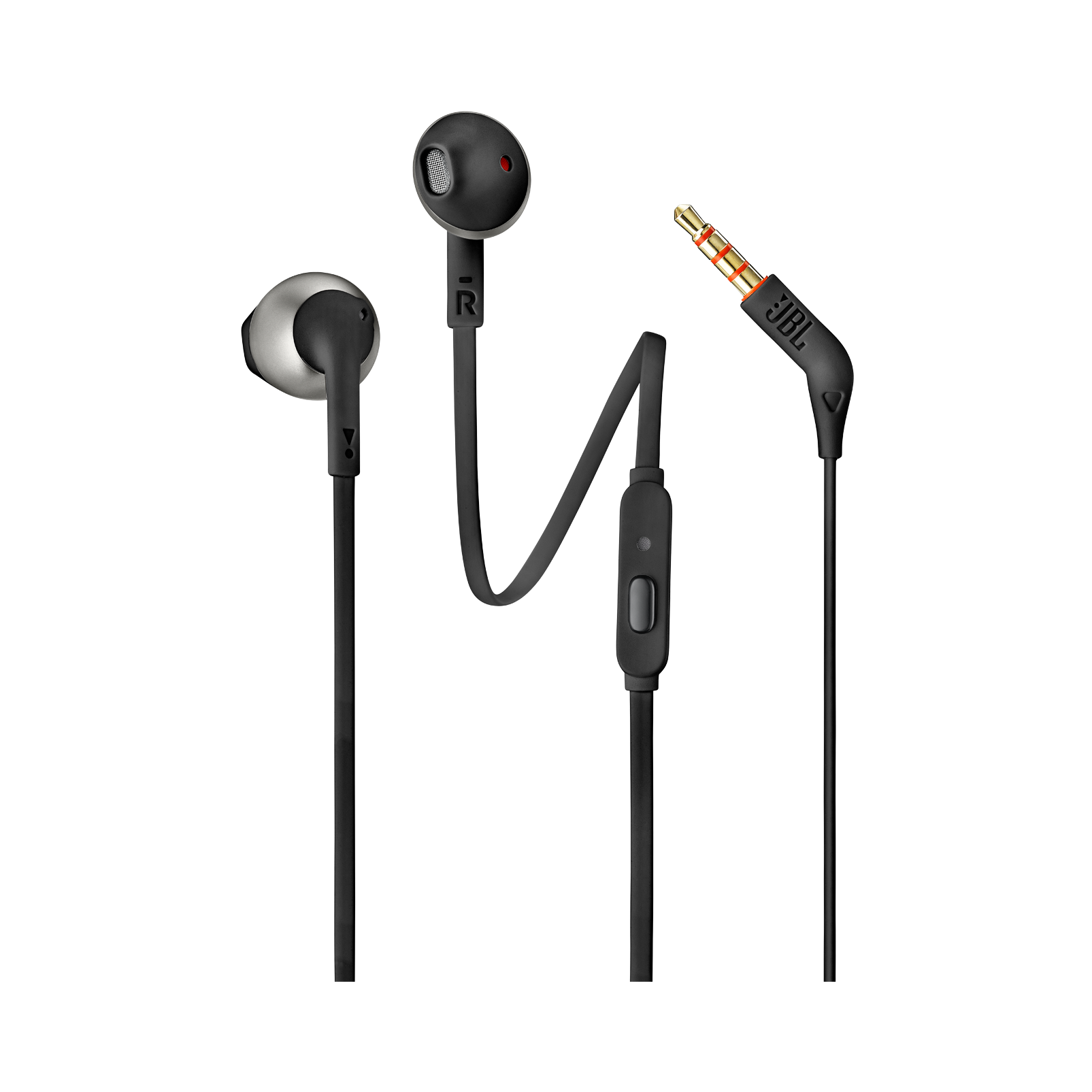 Gümüş aksanlı siyah JBL kulaklık ve 3,5 mm jak.