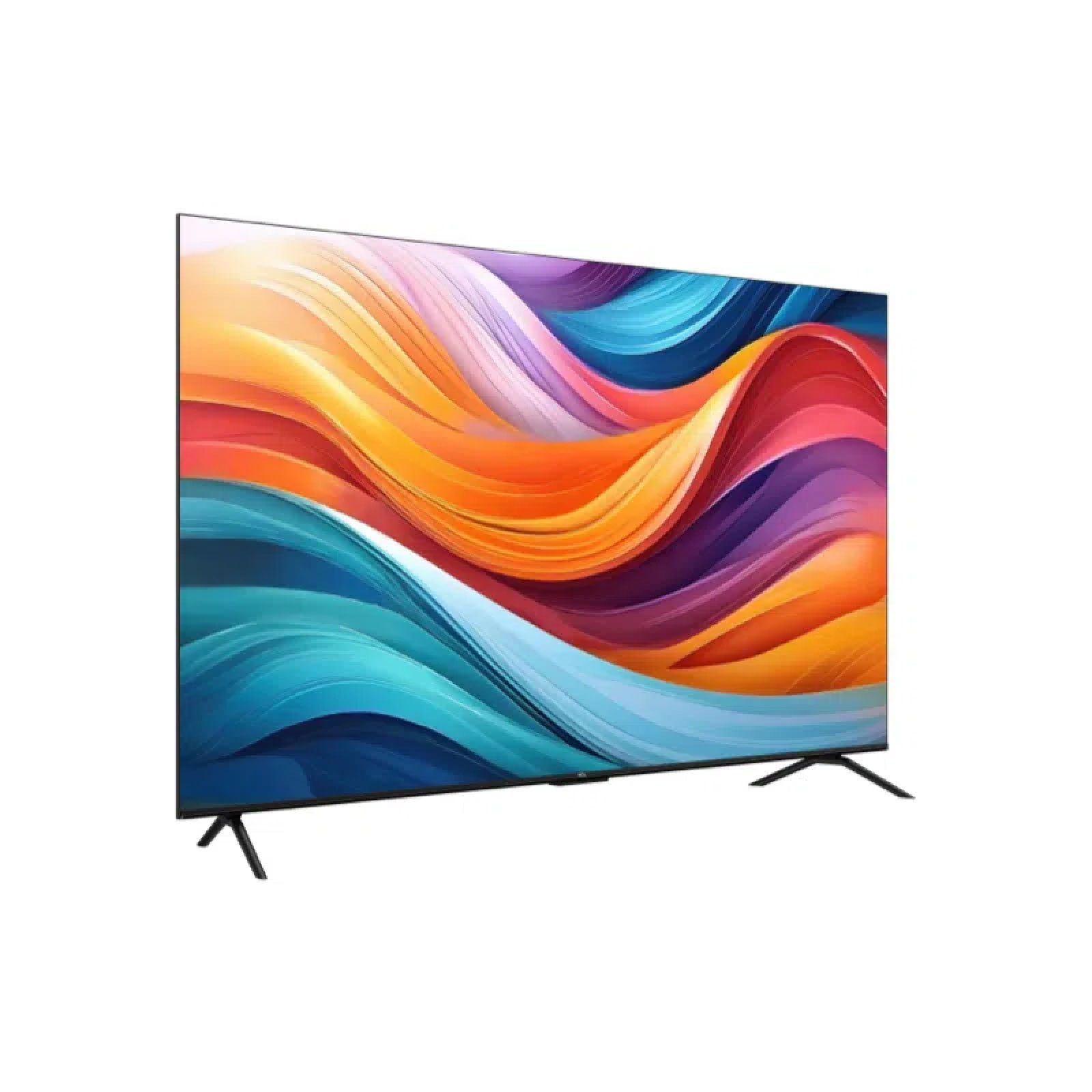 Ekranında renkli, dalgalı desen bulunan modern bir TV stant üzerinde duruyor.