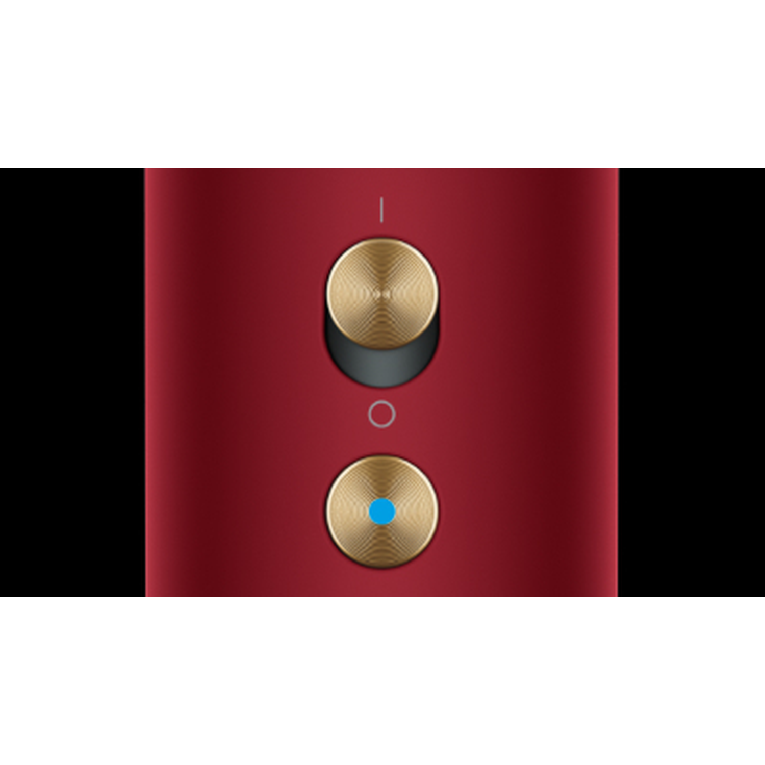 Red device with two gold-colored buttons and a blue indicator.