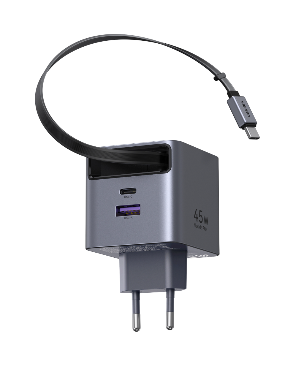 USB-C ve USB-A bağlantı noktalarına sahip gri 45W Nexode Pro şarj cihazı ve çıkarılabilir kablosu.